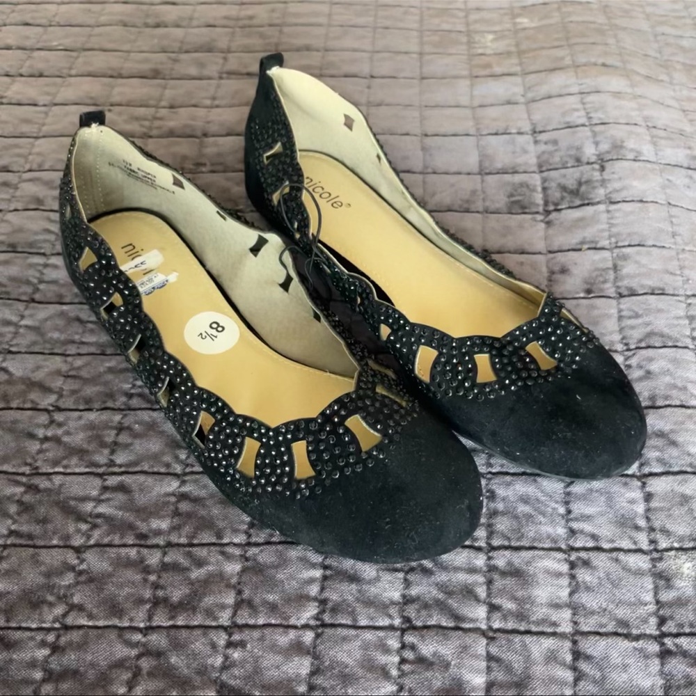 Black faux suede flats